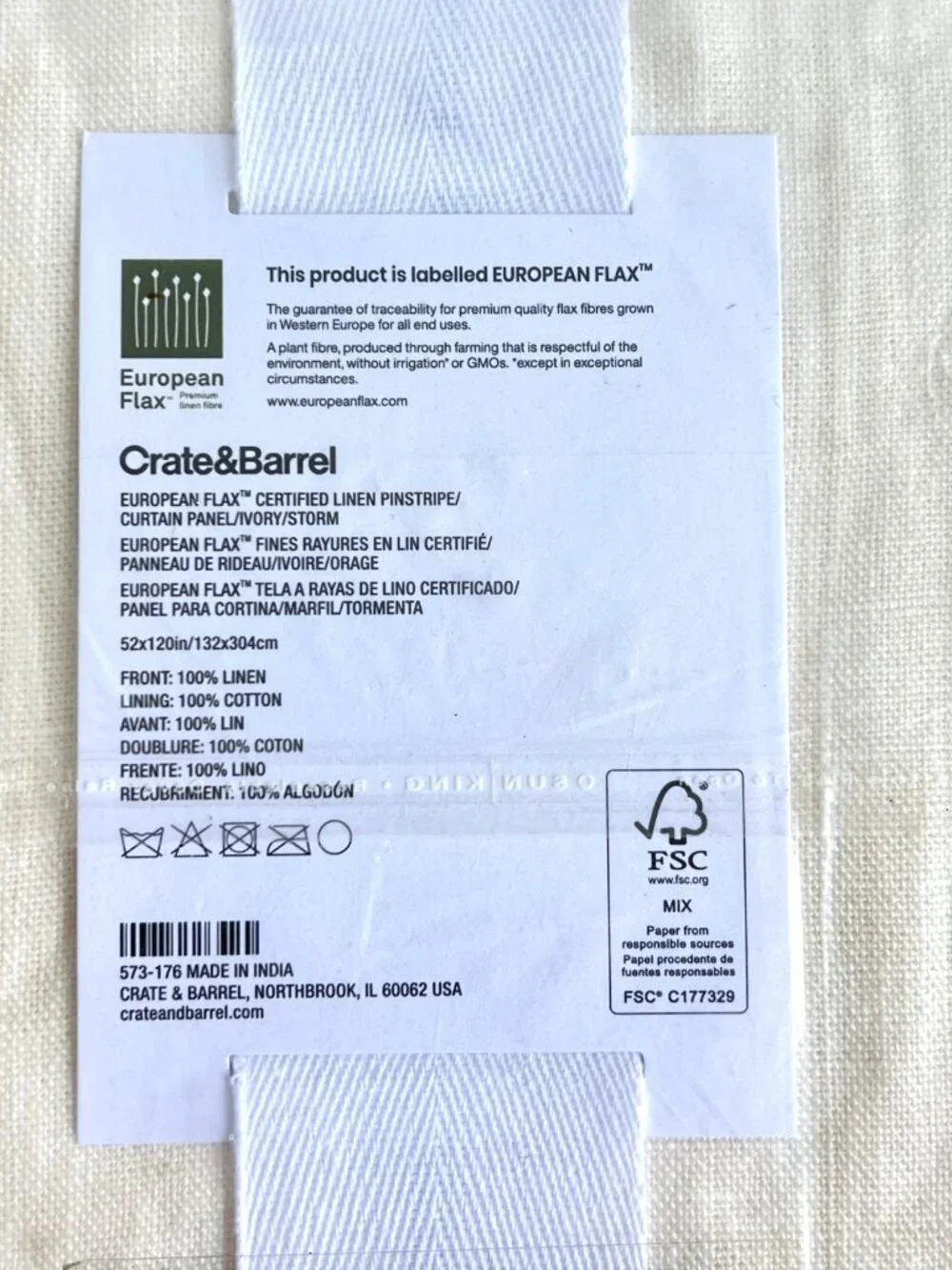 Pair of Crate & Barrel Lined Linen Curtain Panels Ivory & Storm 52